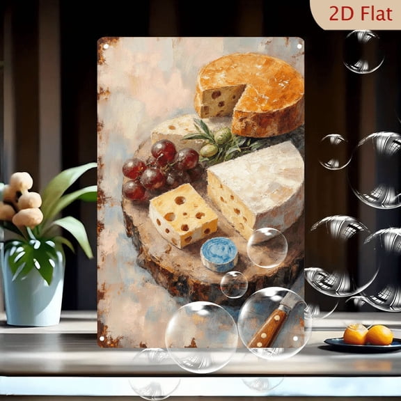 1pc Metal Wall Art, 8x12 Inches, Rustic Cheese Platter Painting, Impressionistic Gourmet Food Decor, Wooden Tree Stump with Cheese Wheel, Grapes, Olives, for Kitchen, Home, Caf, Bar, Garden Wall