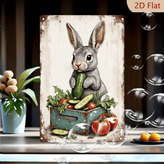 1pc Metal Wall Art, 8x12 Inches, Rustic Teal Wooden Crate with Cute Gray Rabbit Holding Green Cucumber, Fresh Vegetables (Tomatoes, Lettuce) Background, Vintage Off-White Textured