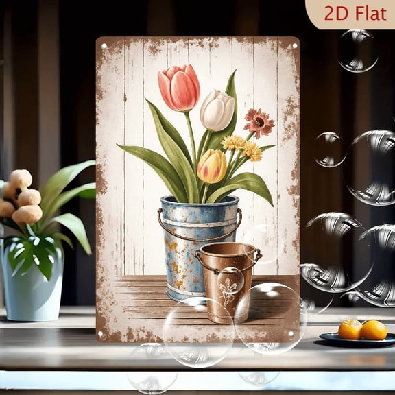 1pc Metal Wall Art, 8x12 Inches, Rustic Vintage Distressed Blue & Brown Buckets with Flowers Still Life, Weathered Metal Bucket Art, Nostalgic Floral Design for