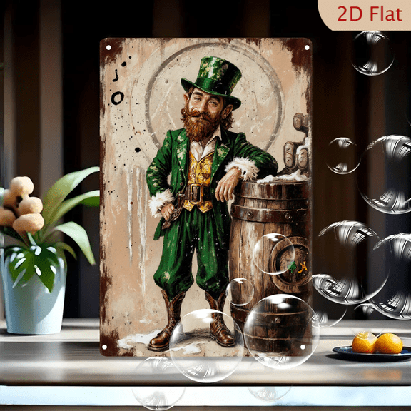 1pc Metal Wall Art, 8x12 Inches, St. Patrick's Day Leprechaun with Beer Barrel Decorative Sign, Green Coat and Red Beard, Shamrock Hat, Ideal for Home, Bar, Pub, Kitchen, Holiday