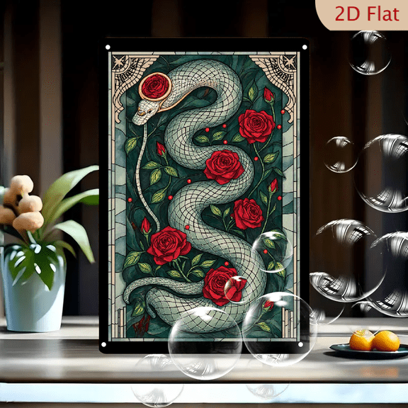 1pc Metal Wall Art, 8x12 Inches, Stained Glass Snake with Red Roses and Teal Background, Art Nouveau Ornate Border Decorative Sign, Vintage Botanical Flash Style for Home,