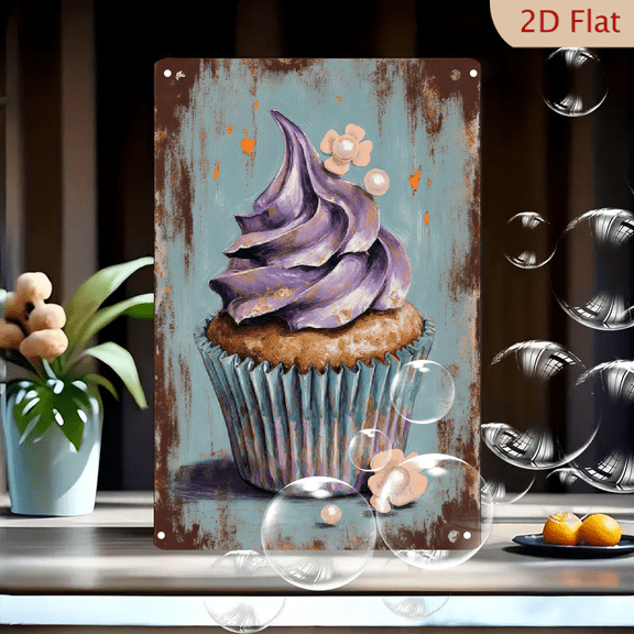 1pc Metal Wall Art, 8x12 Inches, Stylized Vintage Cupcake with Purple Frosting & Golden Accents, Blue Striped Liner, Rustic Worn Background, Pink Flowers & Pearls Decor, Painterly Nostalgic Design