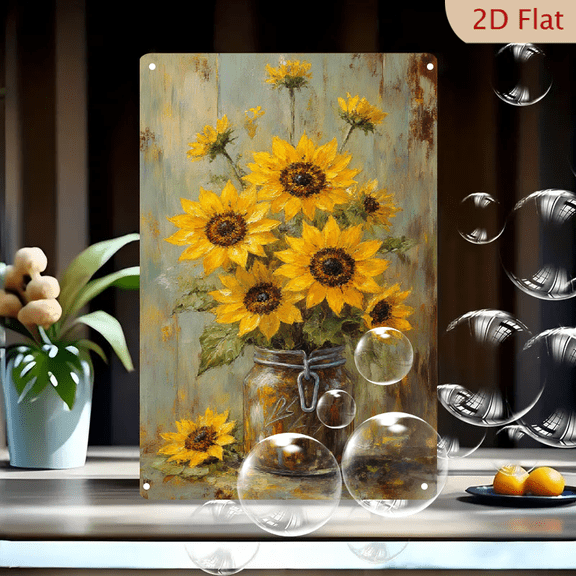 1pc Metal Wall Art, 8x12 Inches, Sunflowers in Glass Mason Jar Rustic Decor, Impressionistic Floral Art with Textured Wooden Background, Perfect for Home, Garden, Caf, Outdoor Porch