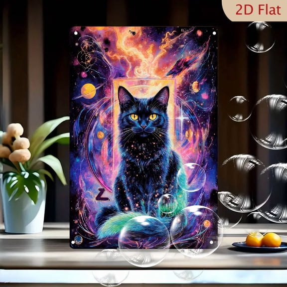 1pc Metal Wall Art, 8x12 Inches, Surreal Black Cat with Yellow Eyes in Cosmic Portal, Colorful Nebulas Planets & Aura Decorative Sign, Magical Mysticism Fantasy Metal
