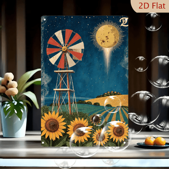 1pc Metal Wall Art, 8x12 Inches, Surreal Night Sunflower Windmill Landscape Painting, Vintage Distressed Texture with Glowing Moon and Stars, Ideal for Home, Garden,