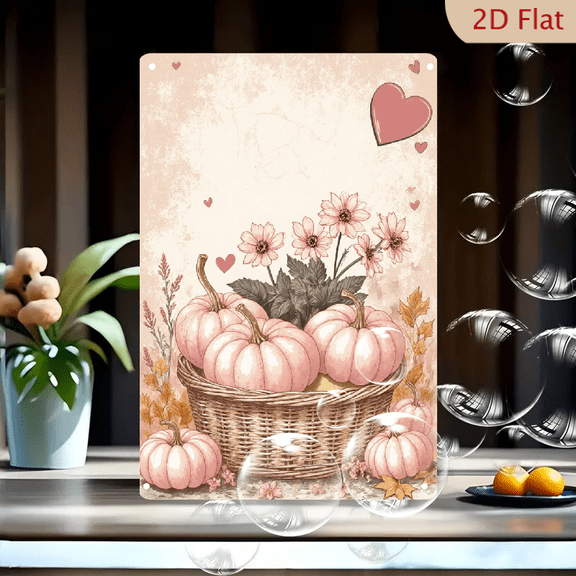 1pc Metal Wall Art, 8x12 Inches, Vintage Autumn Pink Pumpkin Basket with Hearts Decorative Sign, Romantic Fall Harvest Home Decor for Living Room, Kitchen, Porch, Garden