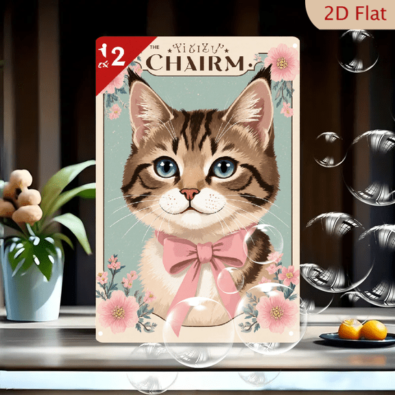 1pc Metal Wall Art, 8x12 Inches, Vintage Cute Tabby Cat with Pink Bow and Floral Frame, Teal Background Decorative Tin Sign, Ideal for Home, Cafe, Kitchen, Bedroom