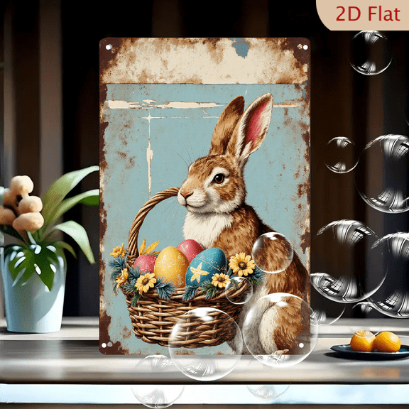 1pc Metal Wall Art, 8x12 Inches, Vintage Easter Rabbit with Basket and Colorful Eggs, Rustic Spring Bunny Decorative Sign for Home, Garden, Porch, Holiday Party, Antique Poster Style Wall Plaque