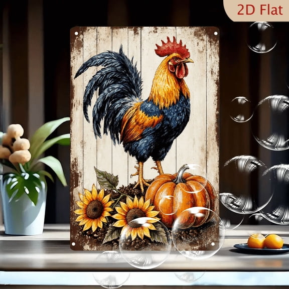 1pc Metal Wall Art, 8x12 Inches, Vintage Farm Autumn Rooster & Pumpkin Sunflower Illustration, Rustic Wooden Background, 2D Flat Decorative Tin Sign for Outdoor Porch Garden Home Cafe Bar Wall Decor