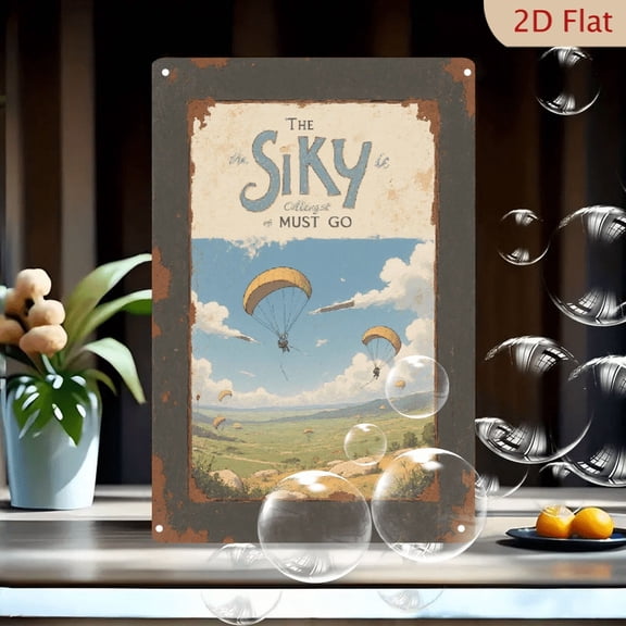 1pc Metal Wall Art, 8x12 Inches, Vintage Retro Skydiving Parachute Landscape Poster, Distressed Rusty Brown Border & Blue Text, Nostalgic Retro Aesthetic Wall