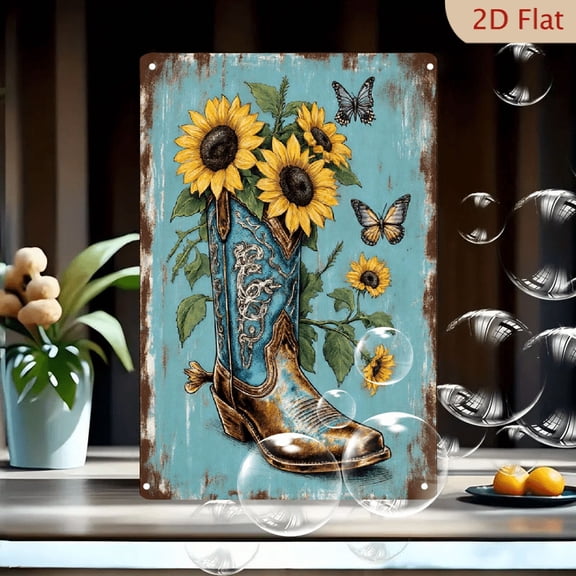1pc Metal Wall Art, 8x12 Inches, Vintage Rustic Western Cowboy Boot with Sunflowers Butterflies Decor, Weathered Light Blue Distressed Artwork, Whimsical Nature