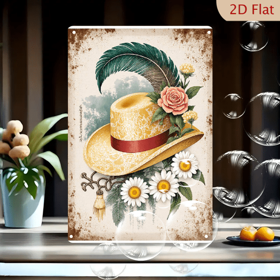 1pc Metal Wall Art, 8x12 Inches, Vintage Straw Hat with Feather, Rose & Daisies, Rustic Aged Background Watercolor Decor, Nostalgic Whimsical Decoration for