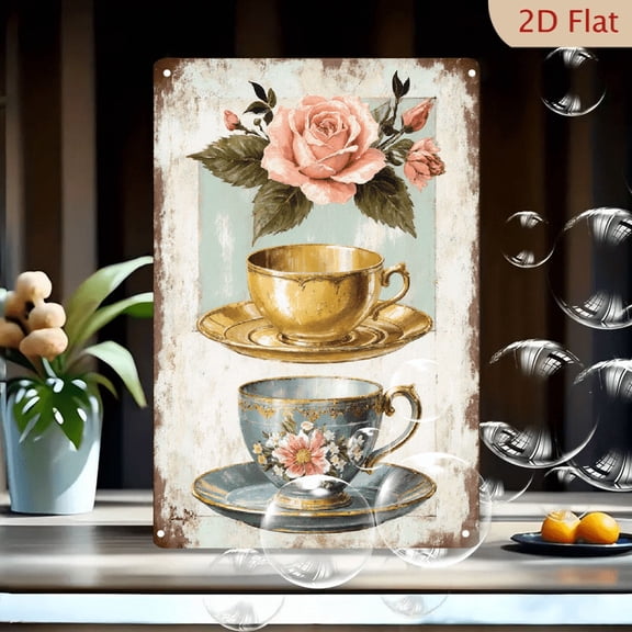 1pc Metal Wall Art, 8x12 Inches, Vintage Teacups & Roses Distressed Artwork, Romantic Tea Party Theme Decor, Aged Background with Golden Blue Teacups, for Home, Porch, Cafe, Garden, Nostalgic