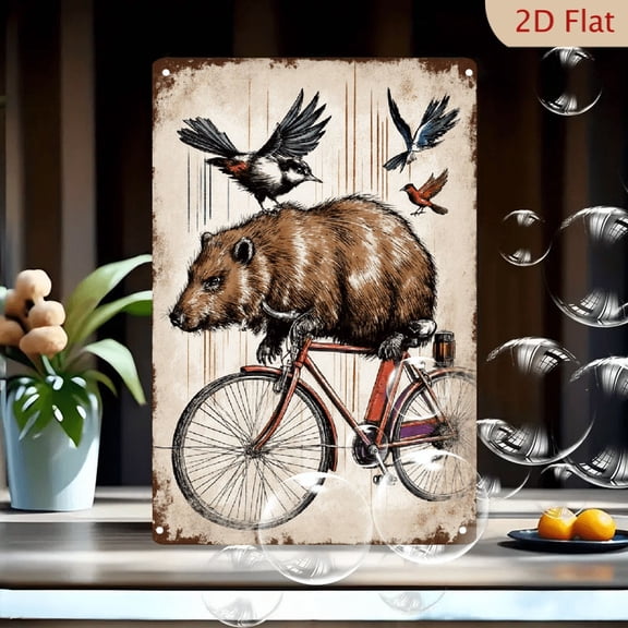 1pc Metal Wall Art, 8x12 Inches, Vintage Whimsical Animal Bicycle Birds Illustration, Retro Furry Bear Capybara Riding Red Bike Decor, Textured Aged Paper Style