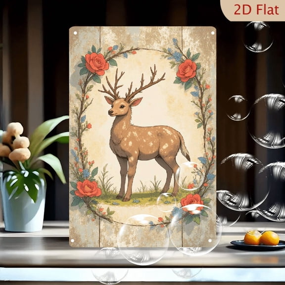 1pc Metal Wall Art, 8x12 Inches, Vintage Whimsical Deer with Floral Border & Aged Wood Background, Metal Tin Sign for Outdoor Porch Garden