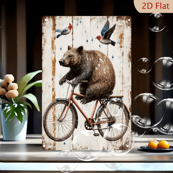 1pc Metal Wall Art, 8x12 Inches, Whimsical Brown Bear Riding Vintage Bicycle with Birds, Rustic Folk Art Painting on Weathered Wood Background, Ideal for Home,