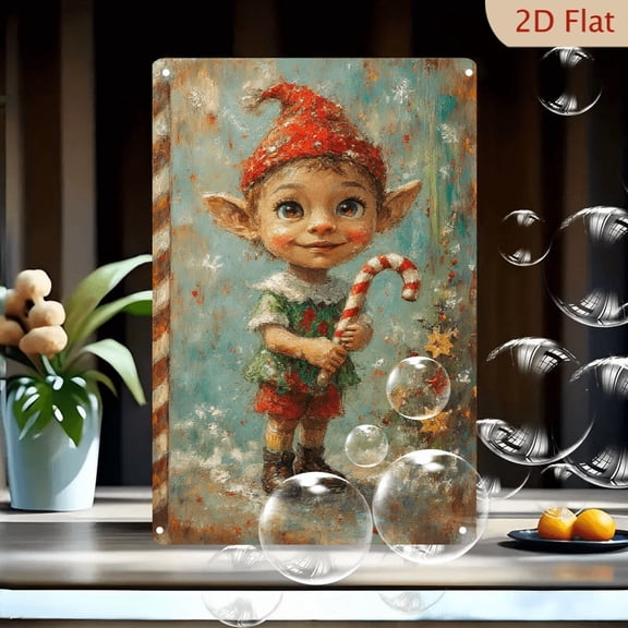 1pc Metal Wall Art, 8x12 Inches, Whimsical Christmas Elf with Candy Cane, Festive Red & Green Attire, Turquoise Snowflake Background, Indoor Outdoor
