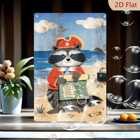 1pc Metal Wall Art, 8x12 Inches, Whimsical Pirate Raccoon Treasure Map Decor, Vintage Nautical Beach Theme Sign for Home, Cafe, Bar, Garden, Holiday Party, Adventure Room, Playful Coastal Decor