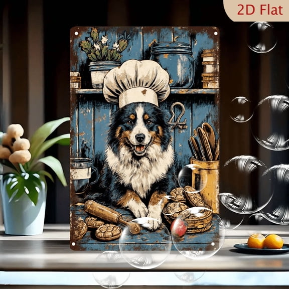 1pc Metal Wall Art, 8x12 Inches, Whimsical Retro Chef Dog in Kitchen Tin Sign, Distressed Vintage Style, Rustic Bakery Home Decor, Perfect for Porch, Garage, Café,