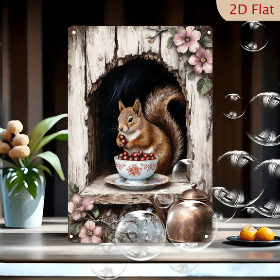 1pc Metal Wall Art, 8x12 Inches, Whimsical Rustic Squirrel with Berries & Tea Setup, Enchanted Forest Tea Time Metal Wall Decor, Outdoor Indoor Porch Garden Home Cafe Bar Decor, 2D Flat Tin Sign