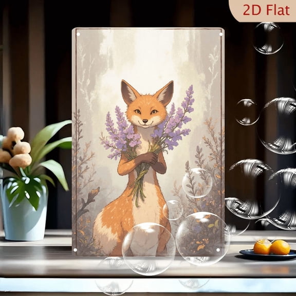 1pc Metal Wall Art, 8x12 Inches, Whimsical Upright Fox with Purple Flowers in Misty Forest, Delicate Painterly Style, Home Decor for Living Room, Bedroom,