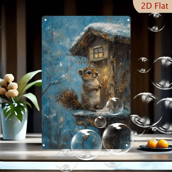 1pc Metal Wall Art, 8x12 Inches, Whimsical Winter Chipmunk on Snowy Birdhouse, Rustic Snow-Capped Structure & Forest Scene, Impressionistic