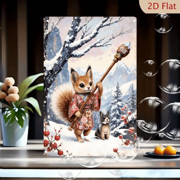 1pc Metal Wall Art, 8x12 Inches, Whimsical Winter Scene with Anthropomorphic Squirrel & Dog, Snowy Landscape, Traditional Robe Squirrel, Ice Staff, Floral Patterns, Red Berries, Snow-Capped Mountains