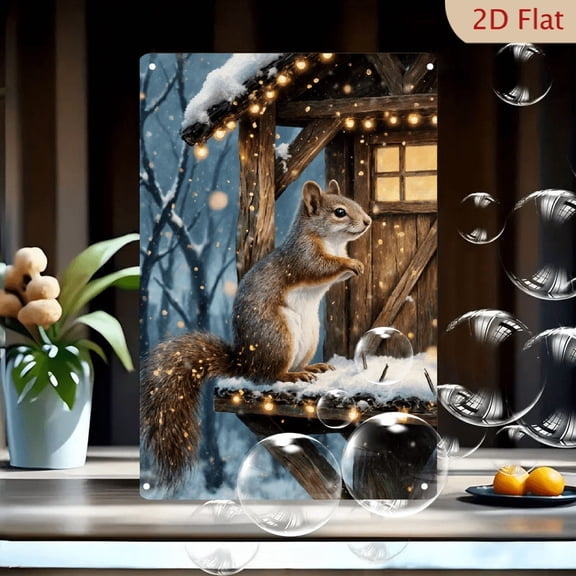 1pc Metal Wall Art, 8x12 Inches, Whimsical Winter Squirrel on Snow-Covered Wooden Platform with Rustic Cabin, Snowy Forest & Glowing Lights, Festive