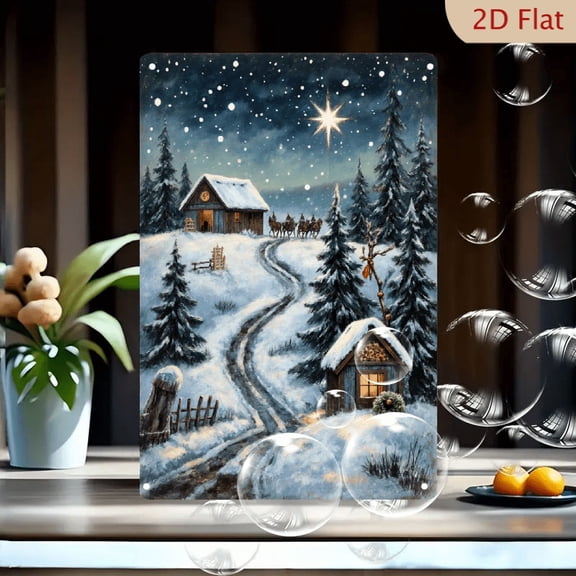 1pc Metal Wall Art, 8x12 Inches, Winter Night Cabin Sleigh Christmas Scene Decor, Rustic Snowy Landscape with Lit Cabins & Star, Festive Holiday Wall