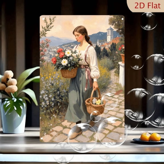 1pc Metal Wall Art, 8x12 Inches, Woman Walking with Flower Baskets in Pastoral Town Scene, Rustic Countryside Church & Hills Decor, Indoor Outdoor Porch Garden Home Cafe