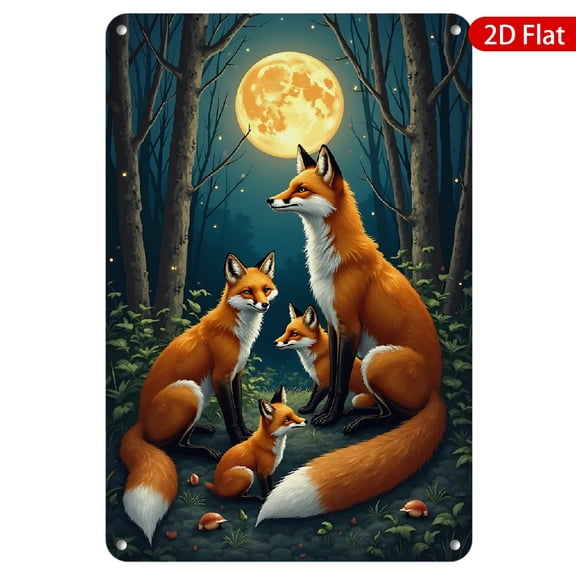 1pc Metal Wall Sign, 8x12 Inch, Features a Beautiful Fox Family Under a Full Moon, Rustproof & UV Protected, Perfect for Outdoor or Indoor Decor, Ideal for Home, Nursery, Cafe, Bar, Rustic Garden