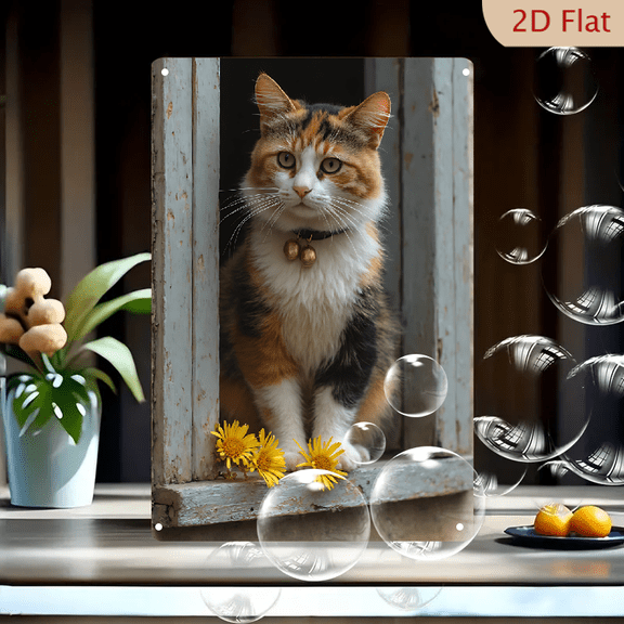 1pc Metal Wall Sign, 8x12 Inches, Adorable Calico Cat by the Window Decorative Sign, Perfect for Home, Kitchen, Living Room, Cat Lover Gifts, Animal Decor, Rustic Style
