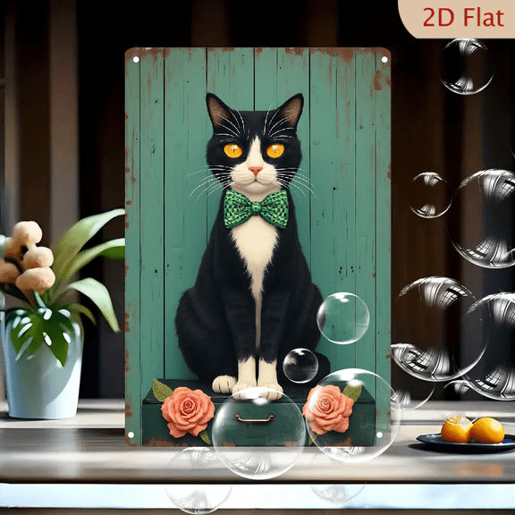 1pc Metal Wall Sign, 8x12 Inches, Adorable Cat with Green Bowtie Decorative Sign, Perfect for Home, Kitchen, Cat Lover Decor, Pet-Themed Wall Art, Ideal for Living Room, Gifts for Animal Lovers