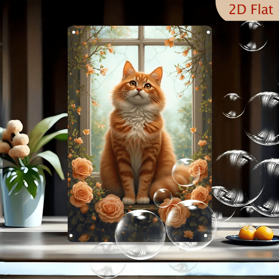 1pc Metal Wall Sign, 8x12 Inches, Adorable Ginger Cat with Roses Decorative Sign, Perfect for Home, Living Room, Cat Lover's Gift, Garden Decor, Ideal for Birthday