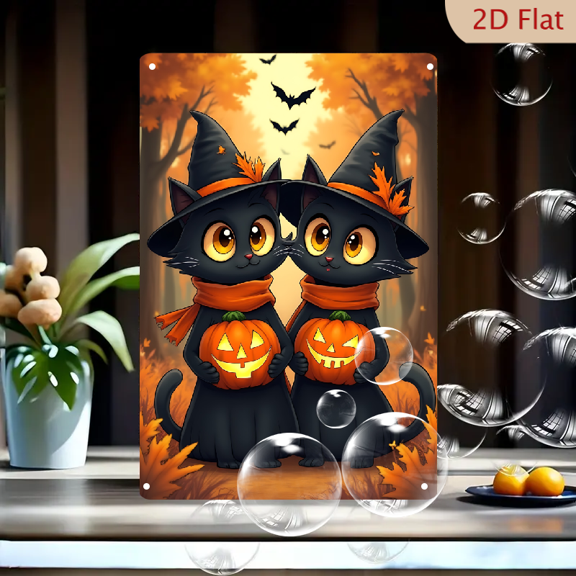 1pc Metal Wall Sign, 8x12 Inches, Adorable Halloween Black Cats with Witch Hats, Jack-o'-lantern Pumpkins & Bats Decorative Sign, Spooky Cute Autumn Fall Theme Art, Ideal for Outdoor, Porch,