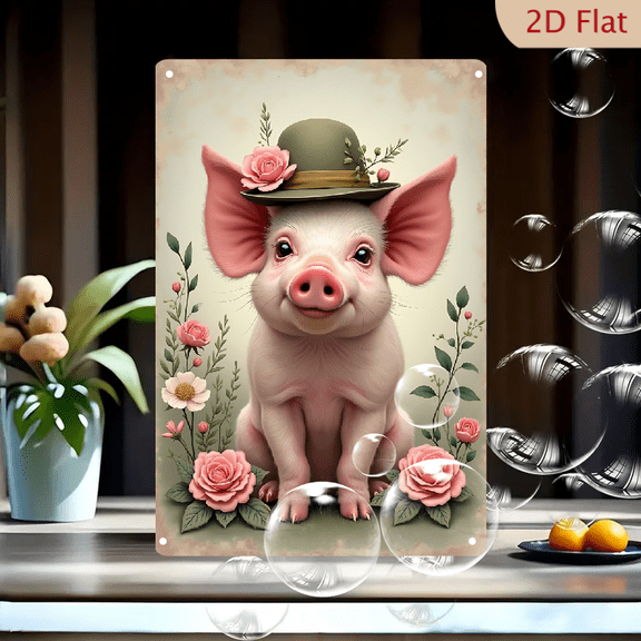 1pc Metal Wall Sign, 8x12 Inches, Adorable Pig in a Hat with Roses Decorative Sign, Perfect for Farmhouse Decor, Home, Kitchen, Garden, Nursery, Ideal for Holiday Celebrations, Unique Gift Idea