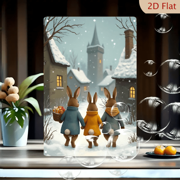 1pc Metal Wall Sign, 8x12 Inches, Adorable Rabbits Hand-in-Hand in Snowy Village, Cozy Winter Scene with Church Tower and Festive Gift Basket, Ideal for Home, Cafe, Bar, Porch, Garage, Garden Decor