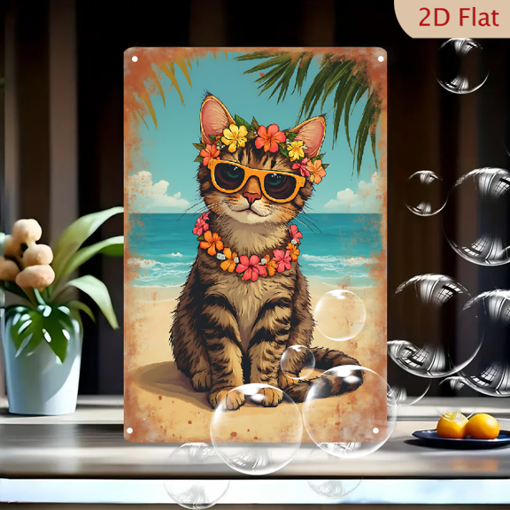 1pc Metal Wall Sign, 8x12 Inches, Adorable Tabby Cat in Sunglasses & Hawaiian Flower Lei on Beach, Tropical Summer Vacation Theme Sign, Vintage Style Beach House Decor, Ideal for Outdoor