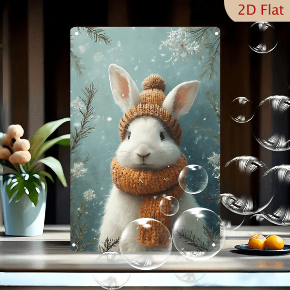 1pc Metal Wall Sign, 8x12 Inches, Adorable Winter Bunny in Knitted Hat and Scarf Decorative Sign, Ideal for Holiday, Christmas, Winter Decor, Home