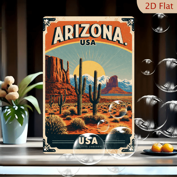1pc Metal Wall Sign, 8x12 Inches, Arizona Desert Landscape Decorative Sign, Featuring Iconic Cacti and Scenic Mountains, Perfect for Outdoor