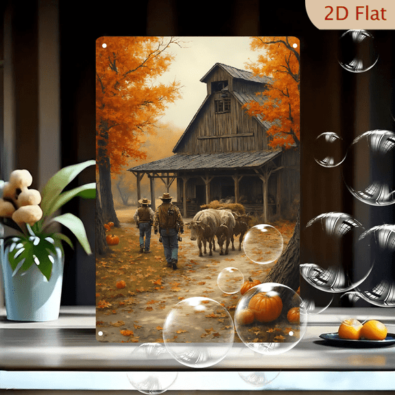 1pc Metal Wall Sign, 8x12 Inches, Autumn Farmhouse Scene with Pumpkins and Oxen, Perfect for Home Decor, Outdoor Spaces, Barn, Cafe, or Garden, Rustic Fall Decorations, Ideal