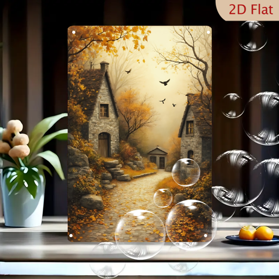 1pc Metal Wall Sign, 8x12 Inches, Autumn Pathway in Cozy Village Decorative Sign, Perfect for Home Decor, Fall Season Decorations, Ideal for Living Room, Kitchen, Cafe, Bar, Garden