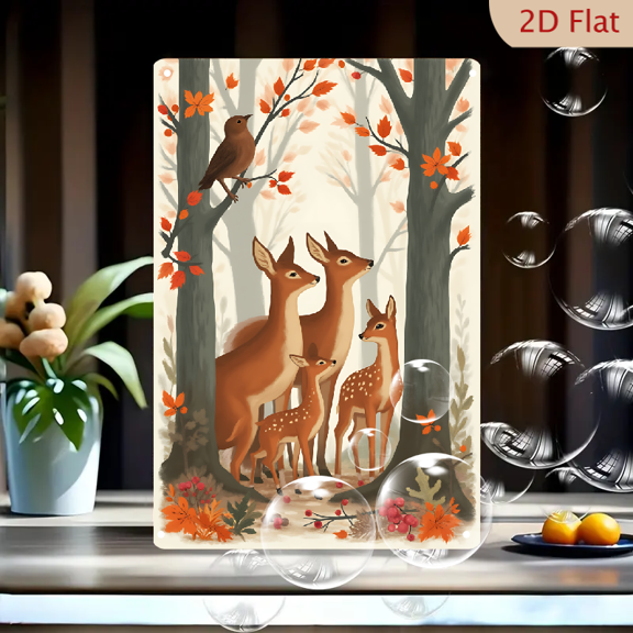 1pc Metal Wall Sign, 8x12 Inches, Autumn Woodland Deer Family with Fawn and Bird, Cozy Fall Forest Scene with Orange Leaves & Red Berries, Ideal for Thanksgiving Decor, Autumn Harvest Celebrations
