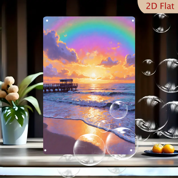 1pc Metal Wall Sign, 8x12 Inches, Beautiful Sunset and Rainbow Decorative Sign, Perfect for Outdoor, Beach House, Living Room, Cafe, Bar, Coastal Decor