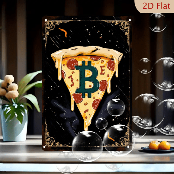 1pc Metal Wall Sign, 8x12 Inches, Bitcoin Pizza Art Decorative Sign, Vintage Space Background with Pepperoni & Stars, Ideal for Home, Cafe, Bar, Office, Crypto
