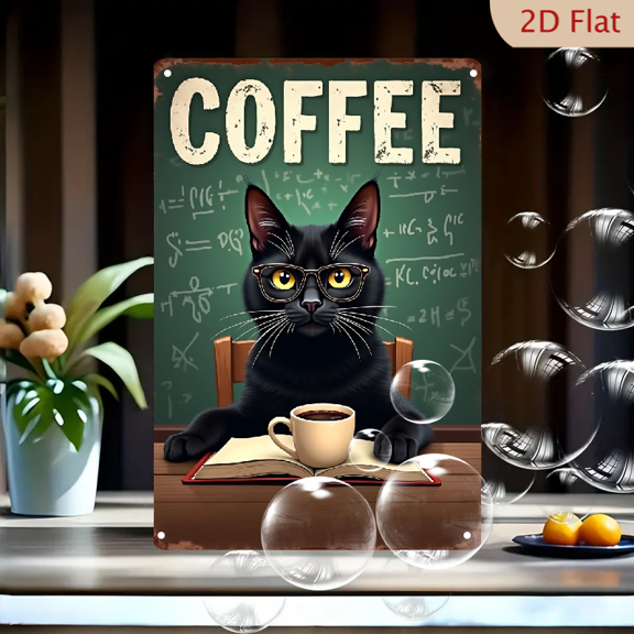 1pc Metal Wall Sign, 8x12 Inches, Blackboard Cat Coffee Art Decorative Sign, Perfect for Home, Kitchen, Office, Cafe, Bar, Coffee Shop, Cat Lover Decor, Humorous Wall Art