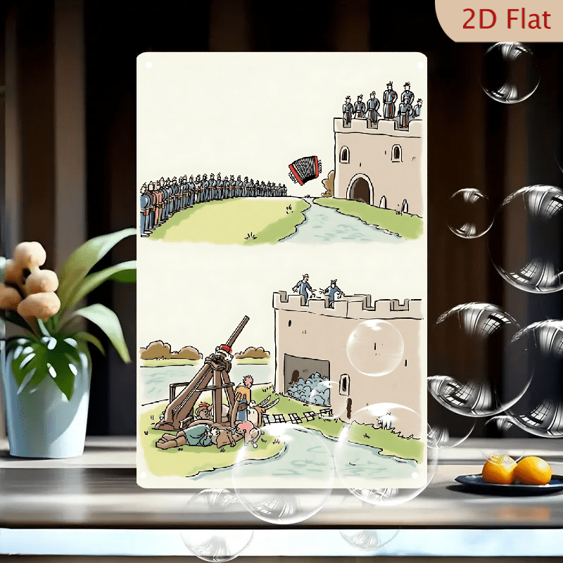 1pc Metal Wall Sign, 8x12 Inches, Cartoon Castle Siege Scene Decorative ...