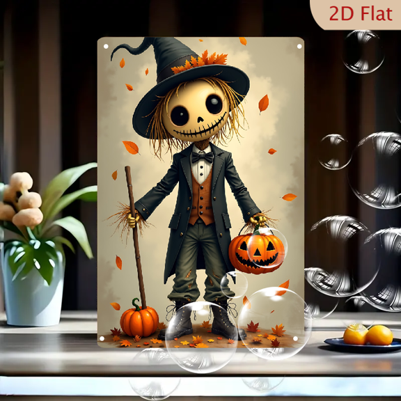 1pc Metal Wall Sign, 8x12 Inches, Charming Scarecrow with Pumpkins Decorative Sign, Perfect for Halloween, Autumn Decor, Ideal for Home, Porch, Garden, Cafe, Bar, Celebrations