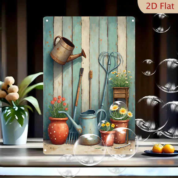 1pc Metal Wall Sign, 8x12 Inches, Charming Vintage Garden Tools & Rustic Watering Cans with Colorful Potted Flowers, Shabby Chic Farmhouse Style Wall Art, Distressed Blue Wood Background, Ideal for