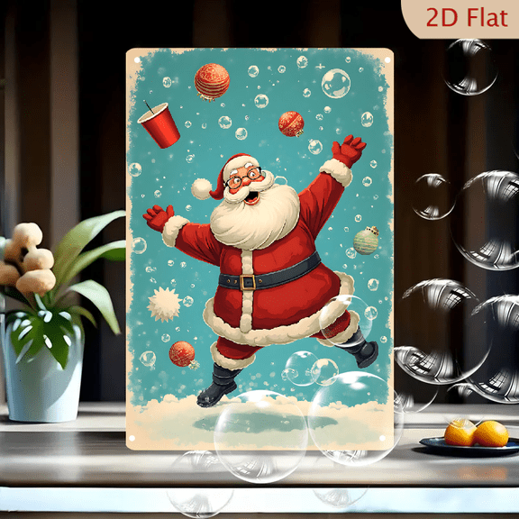 1pc Metal Wall Sign, 8x12 Inches, Cheerful Santa Claus Christmas Snow Scene with Bubbles & Ornaments Decorative Sign, Retro Holiday Decor, Ideal for Home, Living Room, Bedroom, Kitchen, Office,